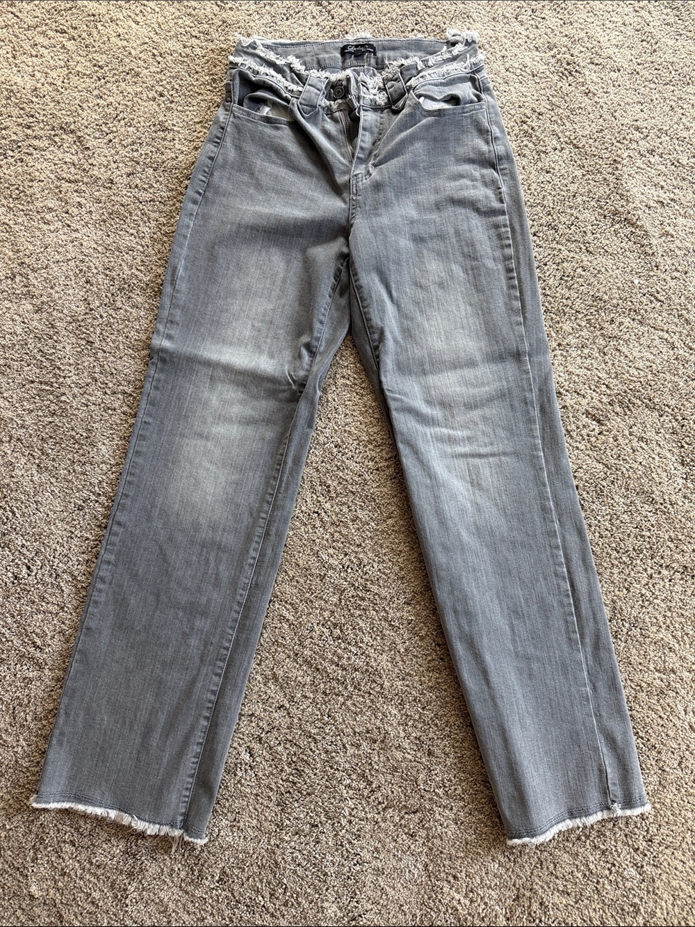 CHARLIE B Straight Leg Gray Jeans with Raw Hem